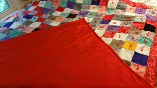 VINTAGE HANDMADE PATCHWORK POLYESTER QUILT from the 1960s.  Washable.  Hand - tied. 2