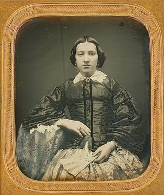 Pretty Young Woman Holding Fan Tinted Tablecloth 1/6 Plate Daguerreotype E440