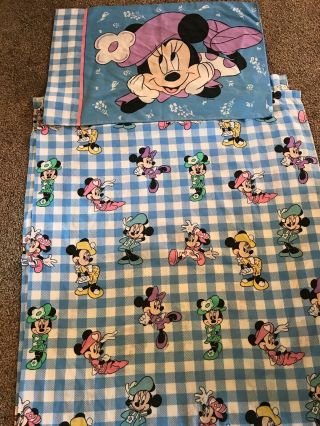 Vintage Walt Disney Minnie Mouse Twin Flat Sheet Pillow Case Plaid Fashion Glam