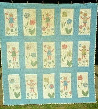 - Sweet Bluesy Custom Quilted Girls With Flowers Applique Quilt