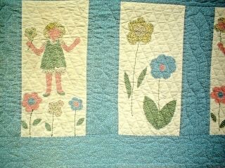 - SWEET BLUESY CUSTOM QUILTED GIRLS WITH FLOWERS APPLIQUE QUILT 3