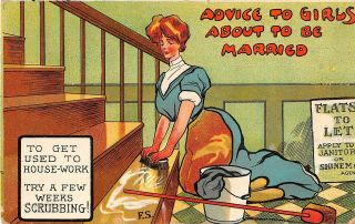 1908 Comic Pc - Lady Scrubbing Steps - Advice To Girls About To Be Married - Get
