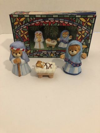 Enesco Lucy & Me Set Of 3 Porcelain Nativity Bear Ornaments Collectible Vintage