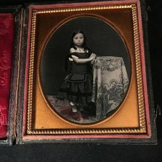 1/6 Plate Daguerreotype Of Young Girl W/ Long Curls,  Full Length,  No Wipes