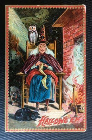Vintage Tuck Halloween Postcard - Witch By Fireplace 1910
