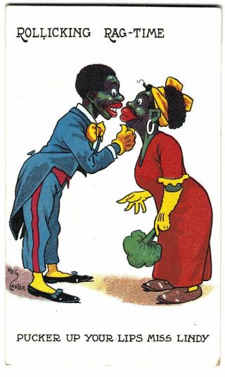 Old Postcard Rollicking Ragtime Pucker Your Lips Miss Lindy Black Man Woman