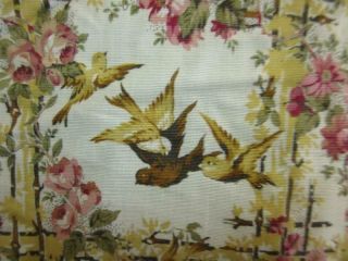 Vtg 40s 50s Gold Birds Lattice Pink Red Roses Flower Print Cottage Fabric 179 "