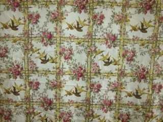 Vtg 40s 50s GOLD BIRDS LATTICE PINK RED ROSES FLOWER PRINT Cottage Fabric 179 