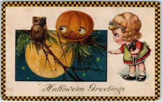 Vintage Winsch Halloween Embossed Postcard Artist Freixas Girl Owl Moon Jol
