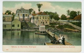 Vintage Postcard 1900 Nicaragua Bluefields Palacio & Casa Del Gobierno Buildings