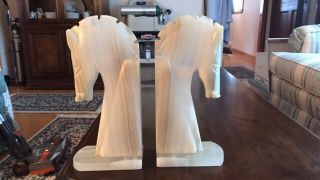 Vintage White Onyx Trojan Horse Head Bookends - Natural Stone - Set Of 2