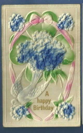 Birthday Heavily Embossed Airbrushed Postcard/ Blue Fuzzy Flowers/ White Bird/