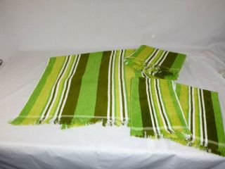 Set Of 4 Vtg Multi Tone Avocado Green Striped Towels 2 Hand 2 Bath Seconds