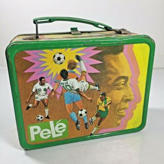 1975 Pele Metal Lunch Box By Thermos Brand Soccer Star Brazil Vintage Lunchbox