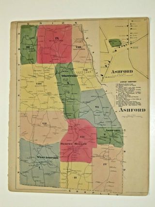 1869 Ashford,  Ct. ,  Hand Colored Map,  Not A Reprint,  18x14 Inches