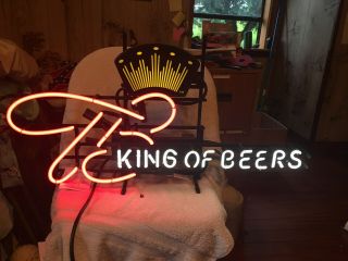 Vintage Budweiser Beer King Of Beer And Crown Neon Lighted Bar Sign 16 X 31 Work