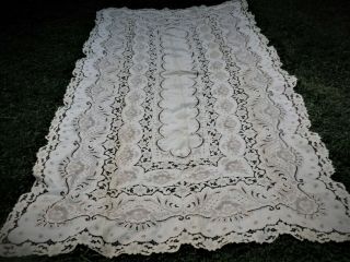 Linen Banquet Tablecloth W Madeira Cutwork Embroidery - 67 " X 135 "