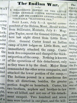 1876 Newspaper W 1st Report Of The Custer Massacre At Battle Of Little Big Horn