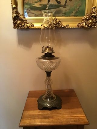 Spectacular Fancy Antique 21 1/2” Cast Iron Base Oil Lamp W/wick