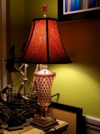Vintage Ruby Red Crystal Cut Clear Glass Table Lamp With Embroidered Shade