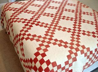 Antique Hand Stitched Cotton Quilt Cover Red & White Block Pattern 90 " By 74 "