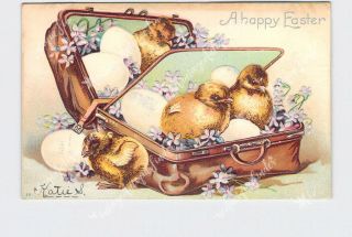 Ppc Postcard Easter Chicks In Suitcase With Eggs And Flowers Embossed Undivided