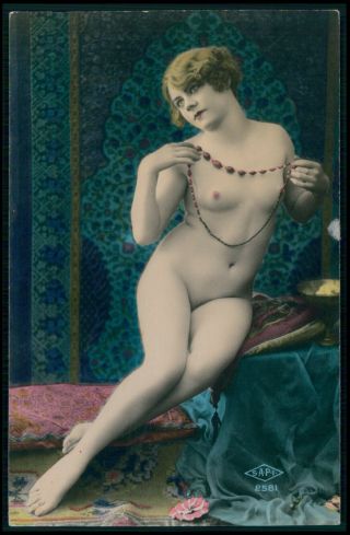 French Nude Woman Nacklace Ornaments 1920s Tinted Color Photo Postcard