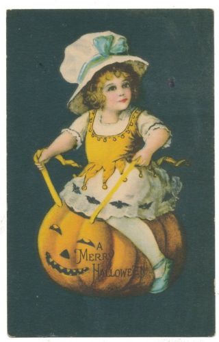 Scarce Ellen Clapsaddle Wolf Halloween - Girl Trying To Ride Her Pumpkin
