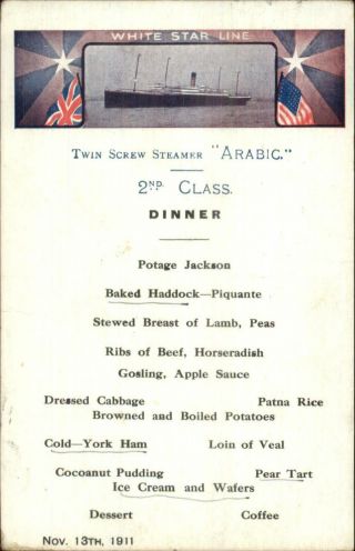 White Star Line Steamship Arabic 2nd Class Dinner Menu 1911 Postcard
