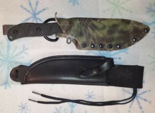 Tops Silent Hero Knife With Custom Green Kydex And Leather Sheath