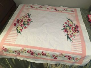 Vintage Tablecloth Wilendur Printed Cotton Pink Farm House Cottage Chic