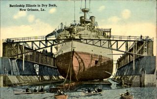 Battleship Illinois Dry Dock Orleans Louisiana C1910 Vintage Postcard