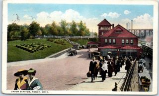 Akron,  Ohio Postcard " Union Station " Railroad Depot Scene W/ Train 1919 Cancel