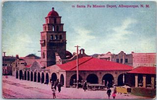 Albuquerque,  Nm Postcard " Santa Fe Mission Depot " Train Station Street View