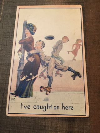 Vintage Comic Humorous Postcard Roller Skating Skates Lamp Post Boy