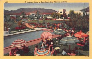 Vtg Postcard Winter Sun Camelback Inn Hotel Pool Phoenix Arizona Az Linen / A70