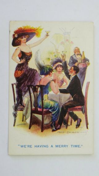 1910s Vintage Inter - Art Spurgin Comic Postcard Flapper Fashion Hat Cafe Society