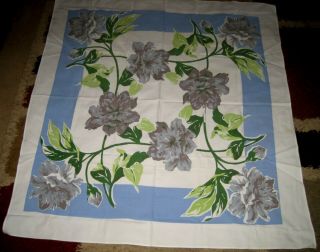 VTG Blue/Green/Gray Hydrangea/Leaves Tablecloth Print Linen 47 