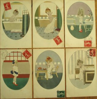 Children/little Girl: Set Of Six 1911 French Postcards - Vanity/perfume Scene
