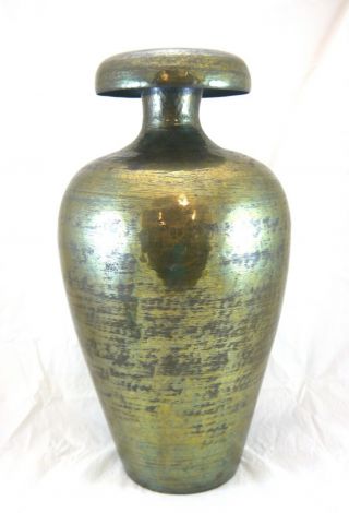 Mcm Italian Hand Hammered Copper Vase.  Ground.  Green Metallic Finish 18 " Tall