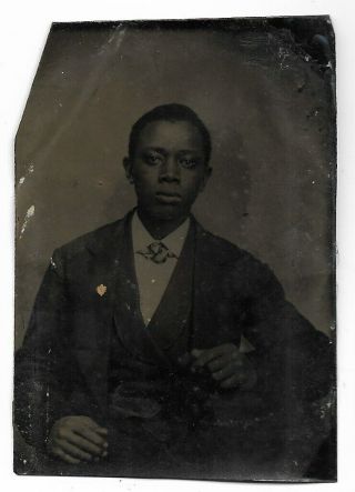Antique Tintype Photo Portrait Of Seated African American Boy