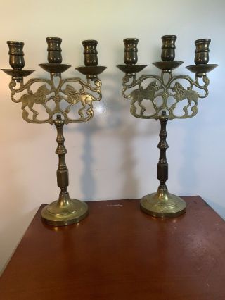 Pair Vintage Solid Brass 3 Arm Candelabra Candle Holder With Lions