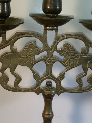 Pair Vintage Solid Brass 3 Arm Candelabra Candle Holder with Lions 2