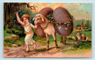 Early 1900s German Made Gold Embellished Fantasy Easter Postcard - Child & Lamb