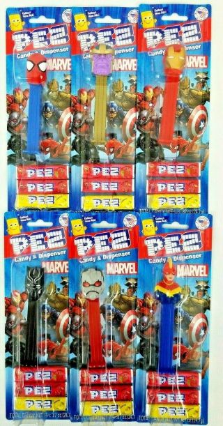6 Pez Dispenser Cpt Marvel Endgame Ant Man Iron Man Thanos Blk Panther Spiderman