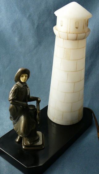 JB Hirsch Bronze Nautical Ship Captain Lamp Alabaster Lighthouse 1920 ' s Art Deco 5