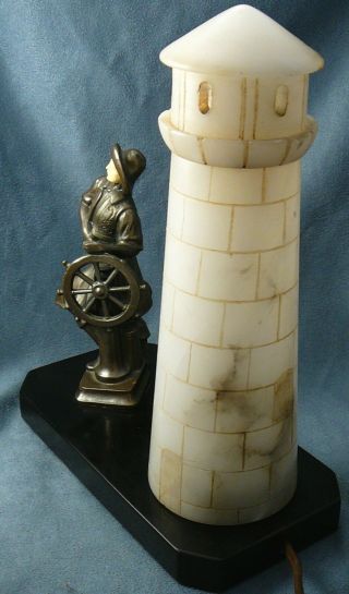 JB Hirsch Bronze Nautical Ship Captain Lamp Alabaster Lighthouse 1920 ' s Art Deco 6