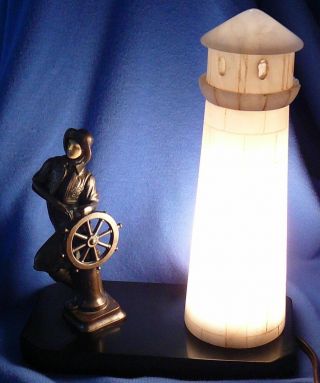 JB Hirsch Bronze Nautical Ship Captain Lamp Alabaster Lighthouse 1920 ' s Art Deco 8