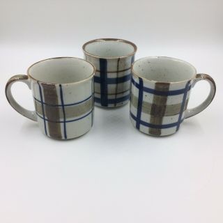 Vintage Otagiri Mugs Cups Set Of 3 Plaid Stoneware Blue Brown Japan