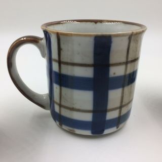 Vintage Otagiri mugs cups set of 3 plaid stoneware blue brown Japan 2
